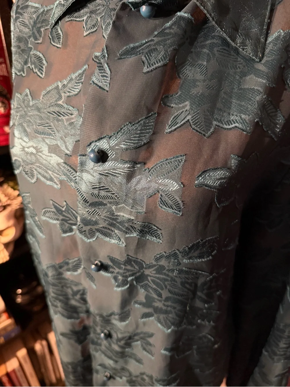 Sheer forest green Floral Button-Up velvet burn out tunic
